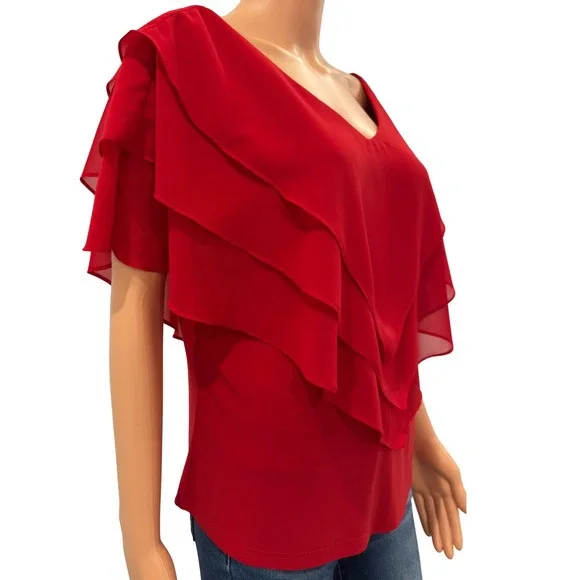 Via Ritina Red Tiered Ruffle Blouse V-Neck Short Flutter Sleeve Top Large - Picture 2 of 9